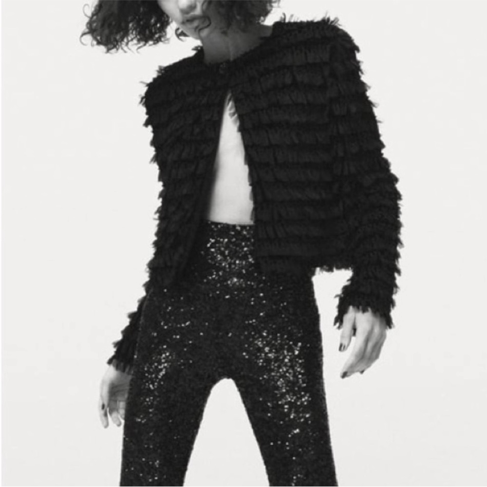 Zara black velvet combination structure crop jacket with tulle appliqué Large